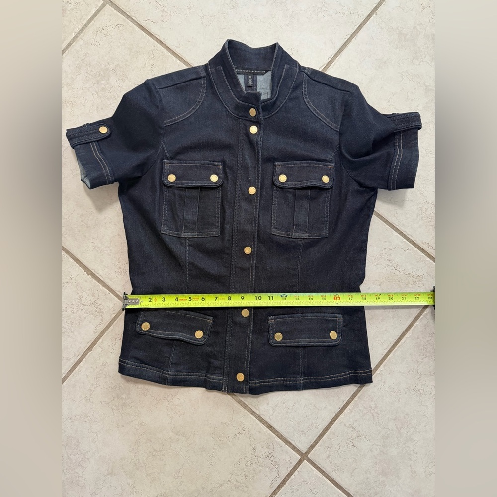 White House Black Market Denim Short Sleeve Zip Up Jacket Sz 14 - Picture 3 of 8